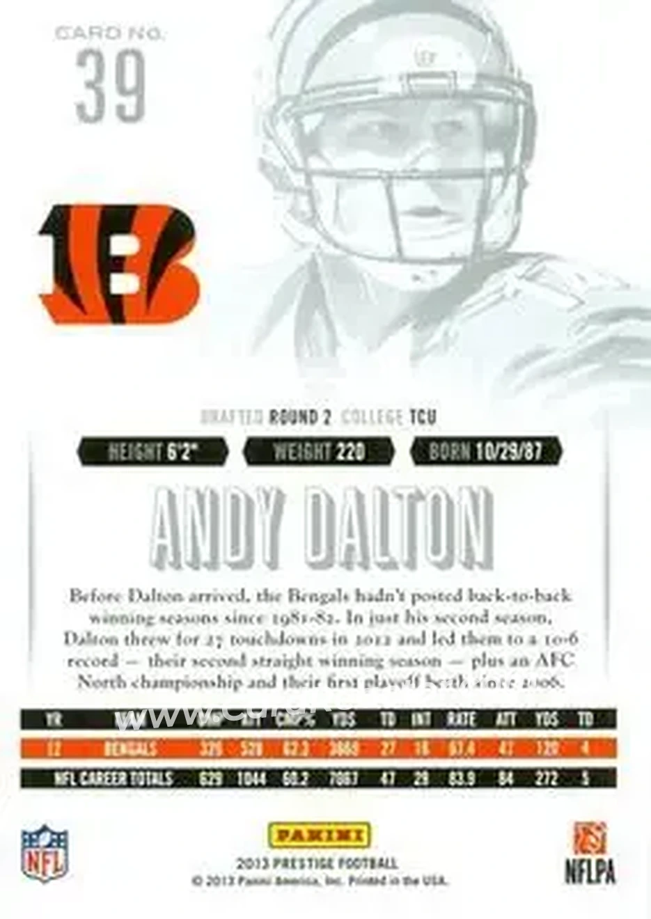 2013 Panini Prestige #39 - Andy Dalton - Cincinnati Bengals - Back