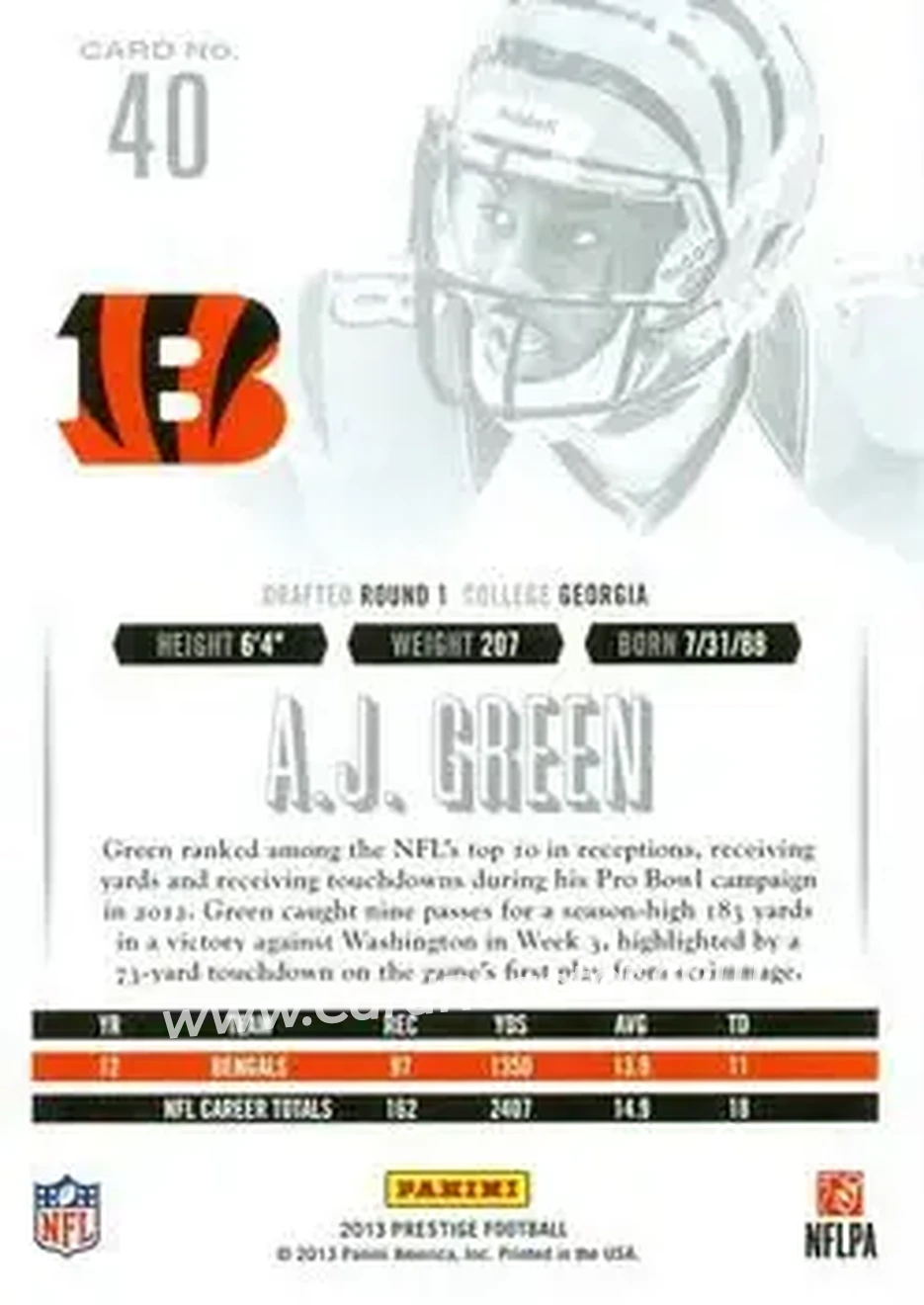 2013 Panini Prestige #40 - A.J. Green - Cincinnati Bengals - Back