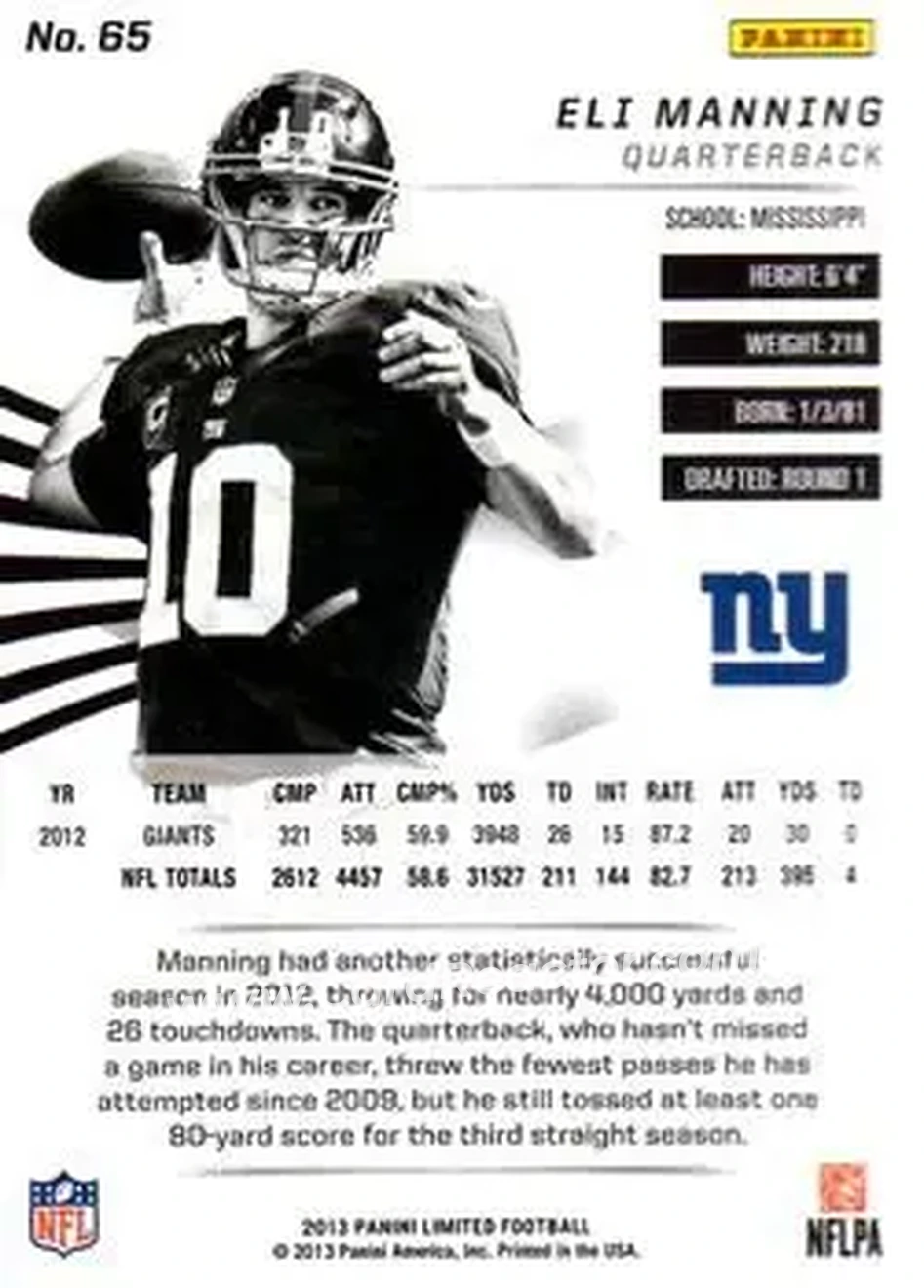 2013 Panini Limited - Black Spotlight #65 - Eli Manning - New York Giants - Back