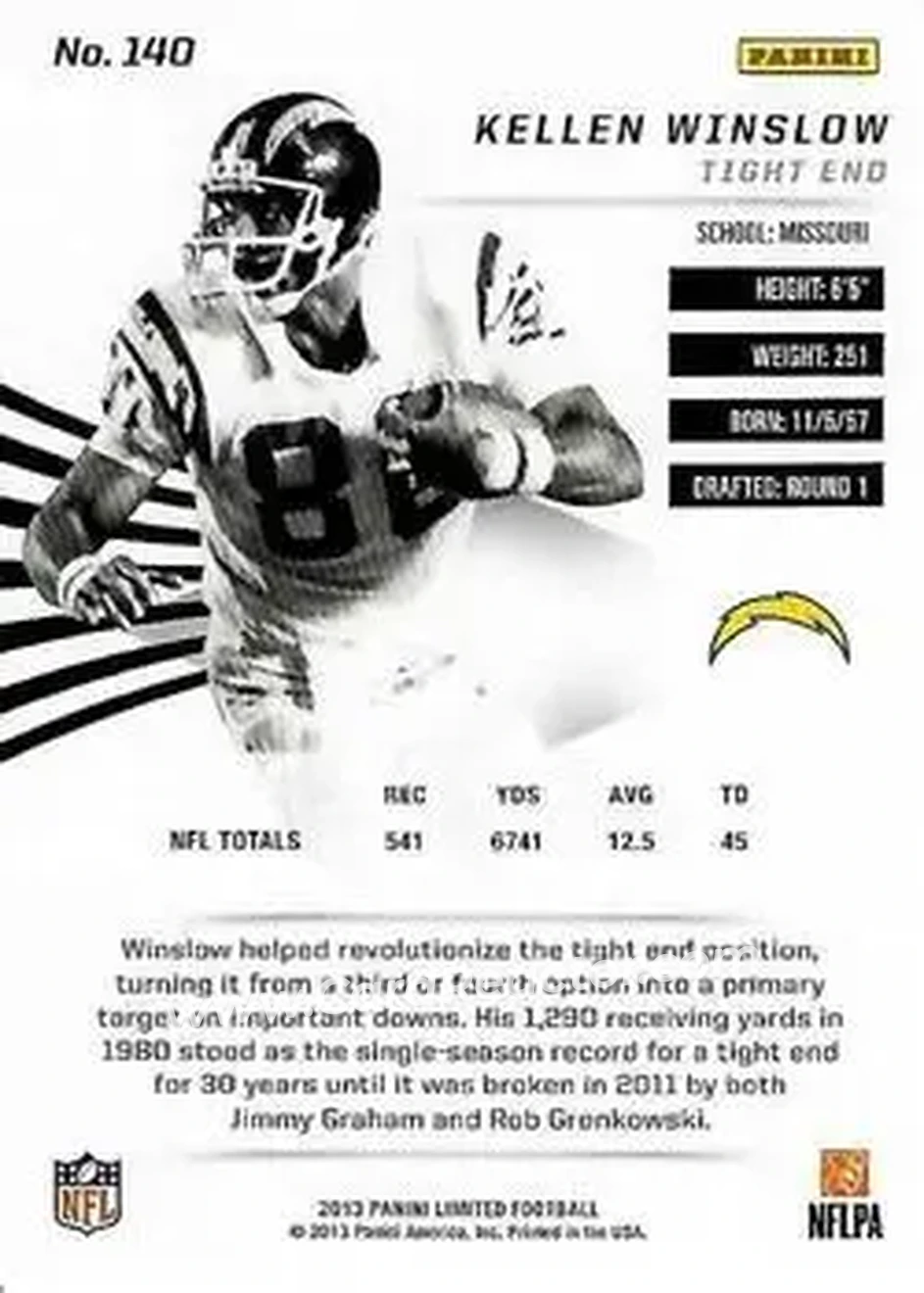 2013 Panini Limited - Black Spotlight #140 - Kellen Winslow Sr. (b.1957 TE) - San Diego Chargers - Back