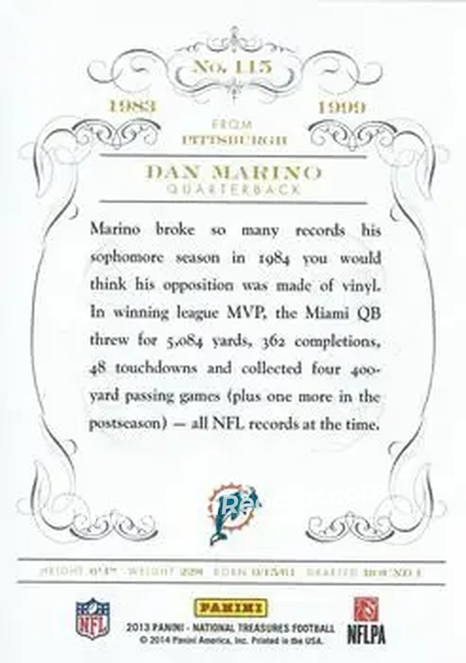 2013 Panini National Treasures #115 - Dan Marino - Miami Dolphins - Back