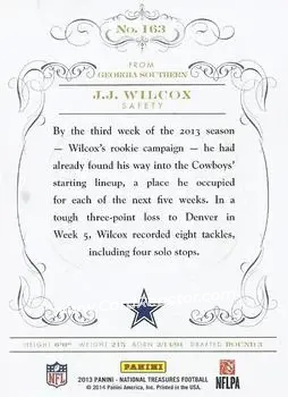 2013 Panini National Treasures #163 - J.J. Wilcox - Dallas Cowboys - Back