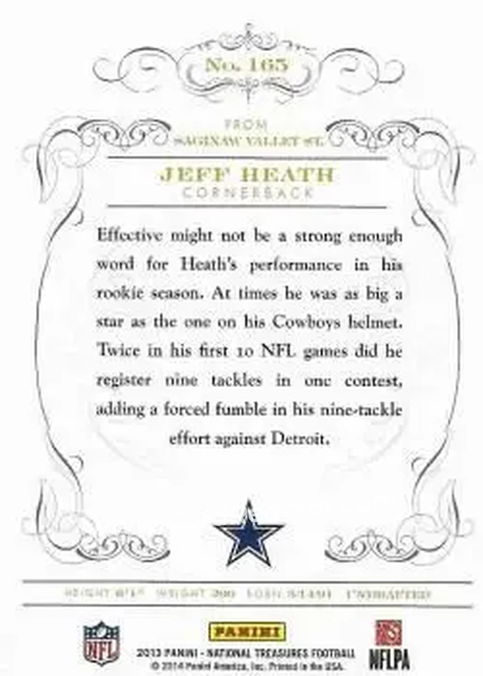 2013 Panini National Treasures #165 - Jeff Heath - Dallas Cowboys - Back