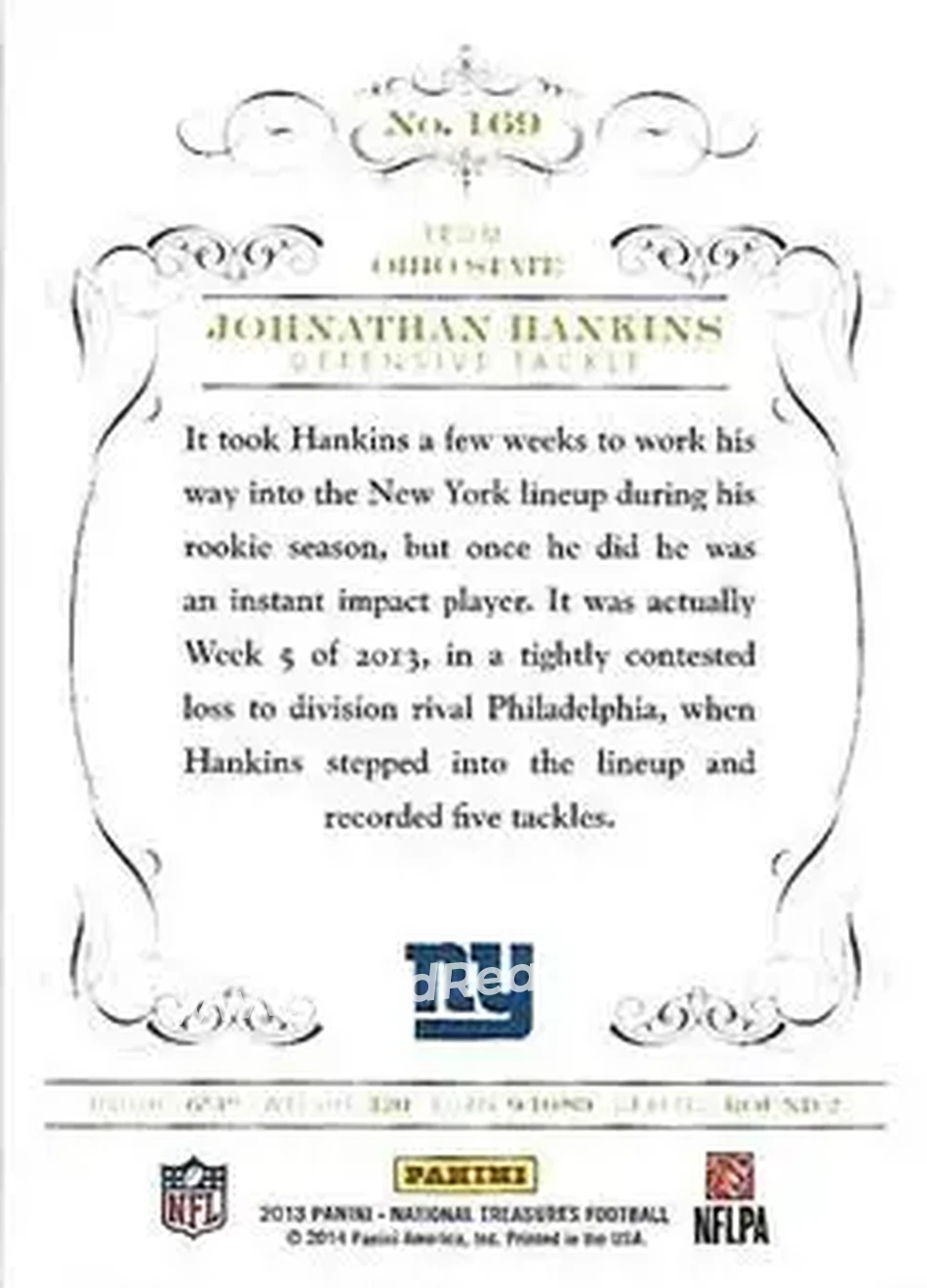 2013 Panini National Treasures #169 - Johnathan Hankins - New York Giants - Back 2013 Panini National Treasures #169 - Johnathan Hankins - New York Giants - Back