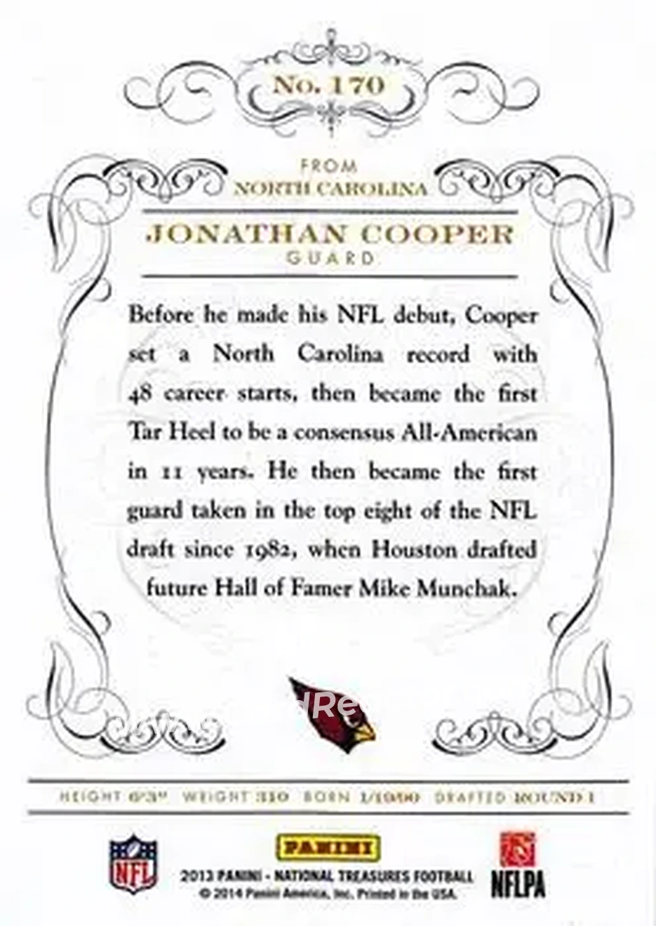 2013 Panini National Treasures #170 - Jonathan Cooper - Arizona Cardinals - Back 2013 Panini National Treasures #170 - Jonathan Cooper - Arizona Cardinals - Back