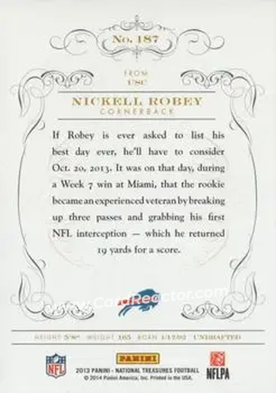 2013 Panini National Treasures #187 - Nickell Robey - Buffalo Bills - Back 2013 Panini National Treasures #187 - Nickell Robey - Buffalo Bills - Back