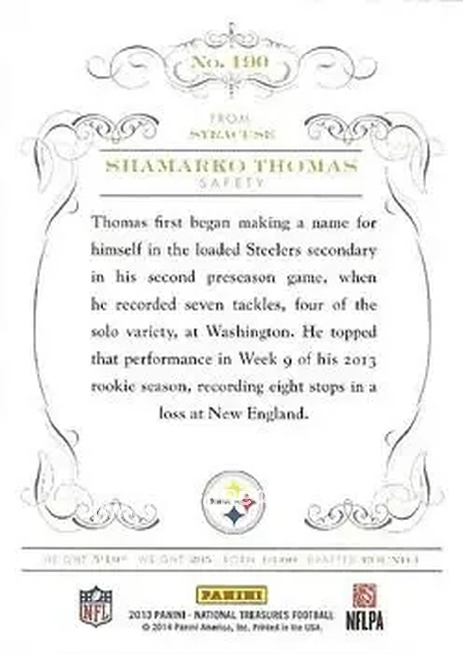 2013 Panini National Treasures #190 - Shamarko Thomas - Pittsburgh Steelers - Back 2013 Panini National Treasures #190 - Shamarko Thomas - Pittsburgh Steelers - Back