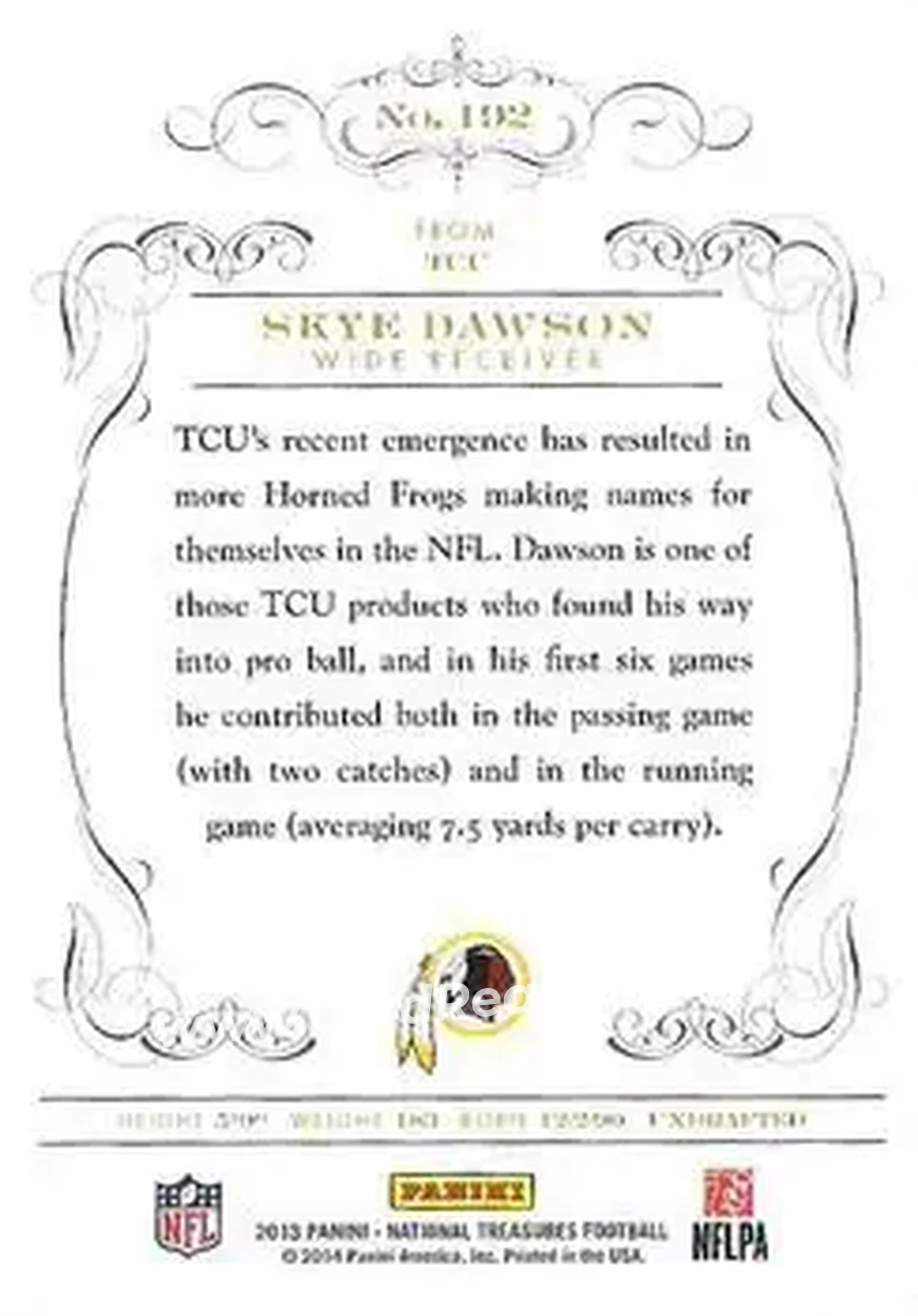 2013 Panini National Treasures #192 - Skye Dawson - Washington Redskins - Back
