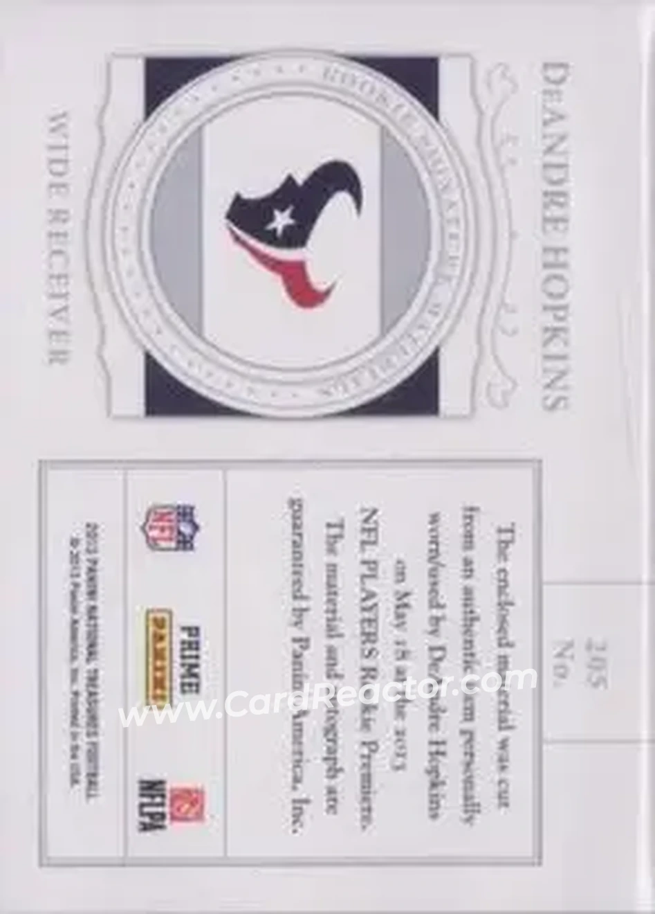 2013 Panini National Treasures #205 - DeAndre Hopkins - Houston Texans - Back