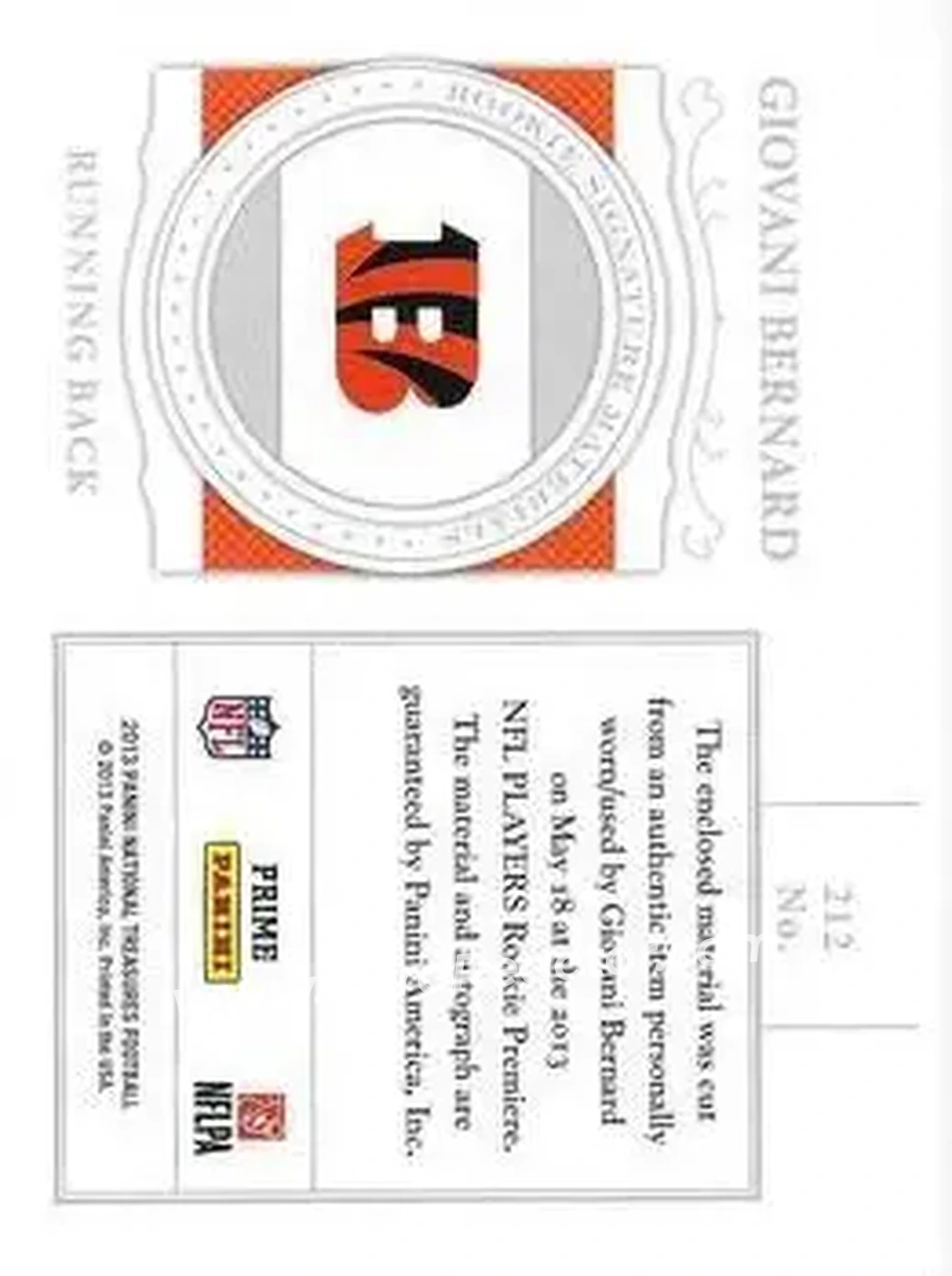 2013 Panini National Treasures #212 - Giovani Bernard - Cincinnati Bengals - Back 2013 Panini National Treasures #212 - Giovani Bernard - Cincinnati Bengals - Back