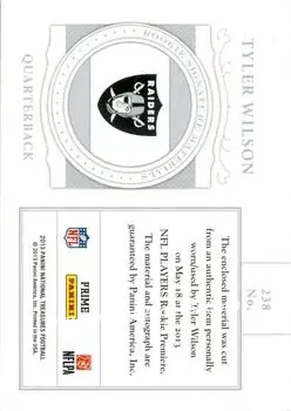 2013 Panini National Treasures #238 - Tyler Wilson - Oakland Raiders - Back