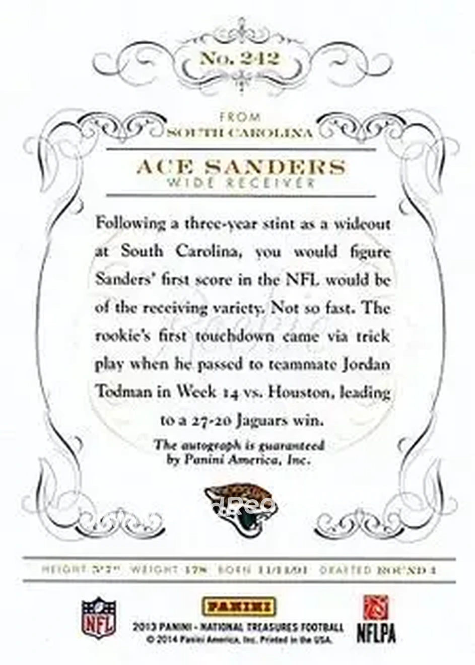 2013 Panini National Treasures #242 - Ace Sanders - Jacksonville Jaguars - Back 2013 Panini National Treasures #242 - Ace Sanders - Jacksonville Jaguars - Back