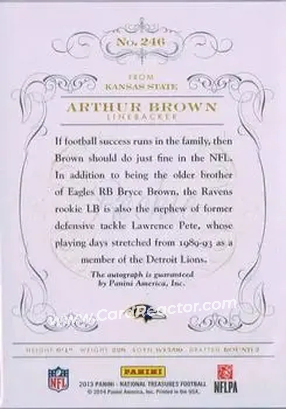 2013 Panini National Treasures #246 - Arthur Brown - Baltimore Ravens - Back