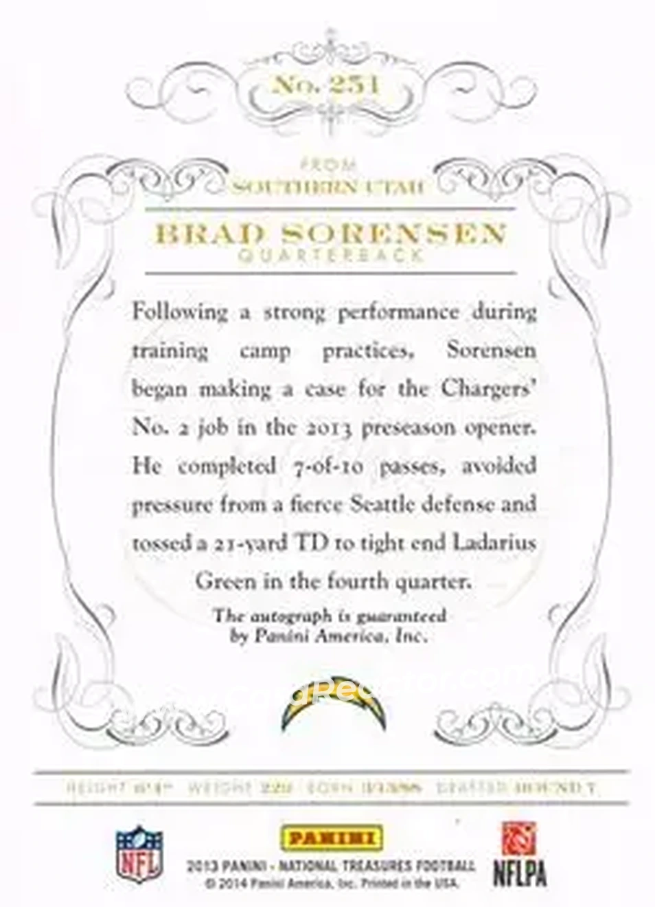 2013 Panini National Treasures #251 - Brad Sorensen - San Diego Chargers - Back