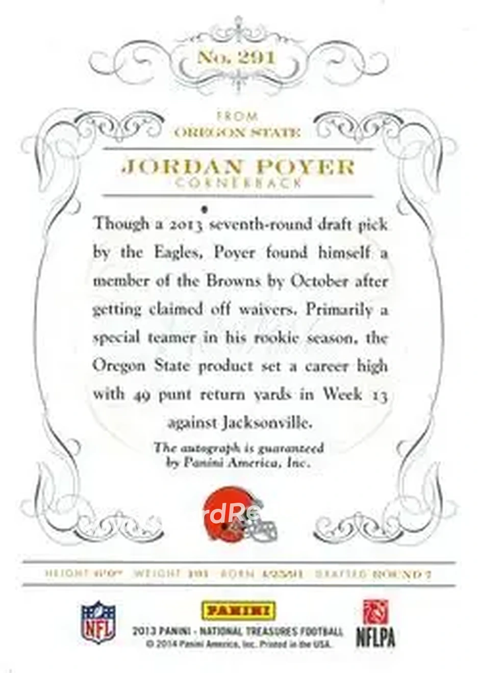 2013 Panini National Treasures #291 - Jordan Poyer - Cleveland Browns - Back 2013 Panini National Treasures #291 - Jordan Poyer - Cleveland Browns - Back