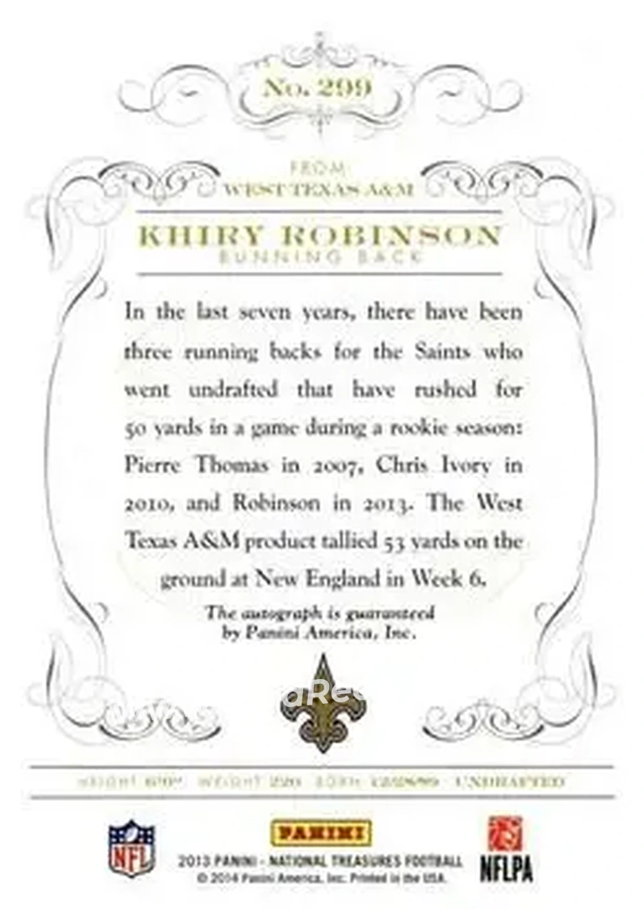 2013 Panini National Treasures #299 - Khiry Robinson - New Orleans Saints - Back