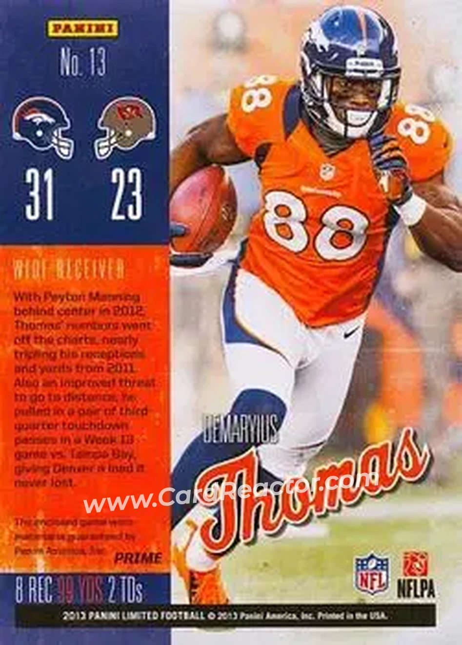 2013 Panini Limited - Game Day Materials Prime #13 - Demaryius Thomas - Denver Broncos - Back 2013 Panini Limited - Game Day Materials Prime #13 - Demaryius Thomas - Denver Broncos - Back