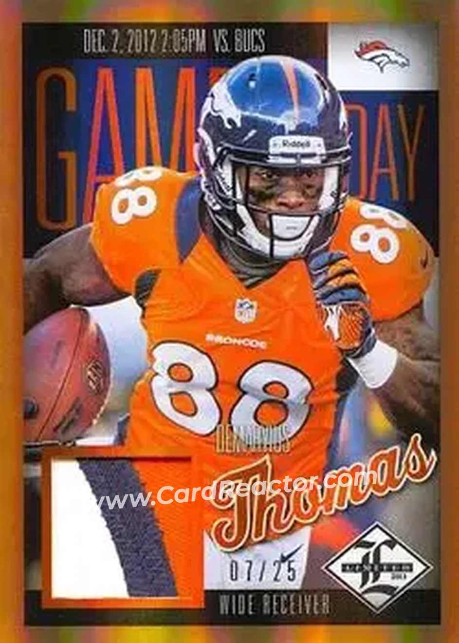 2013 Panini Limited - Game Day Materials Prime #13 - Demaryius Thomas - Denver Broncos - Front 2013 Panini Limited - Game Day Materials Prime #13 - Demaryius Thomas - Denver Broncos - Front