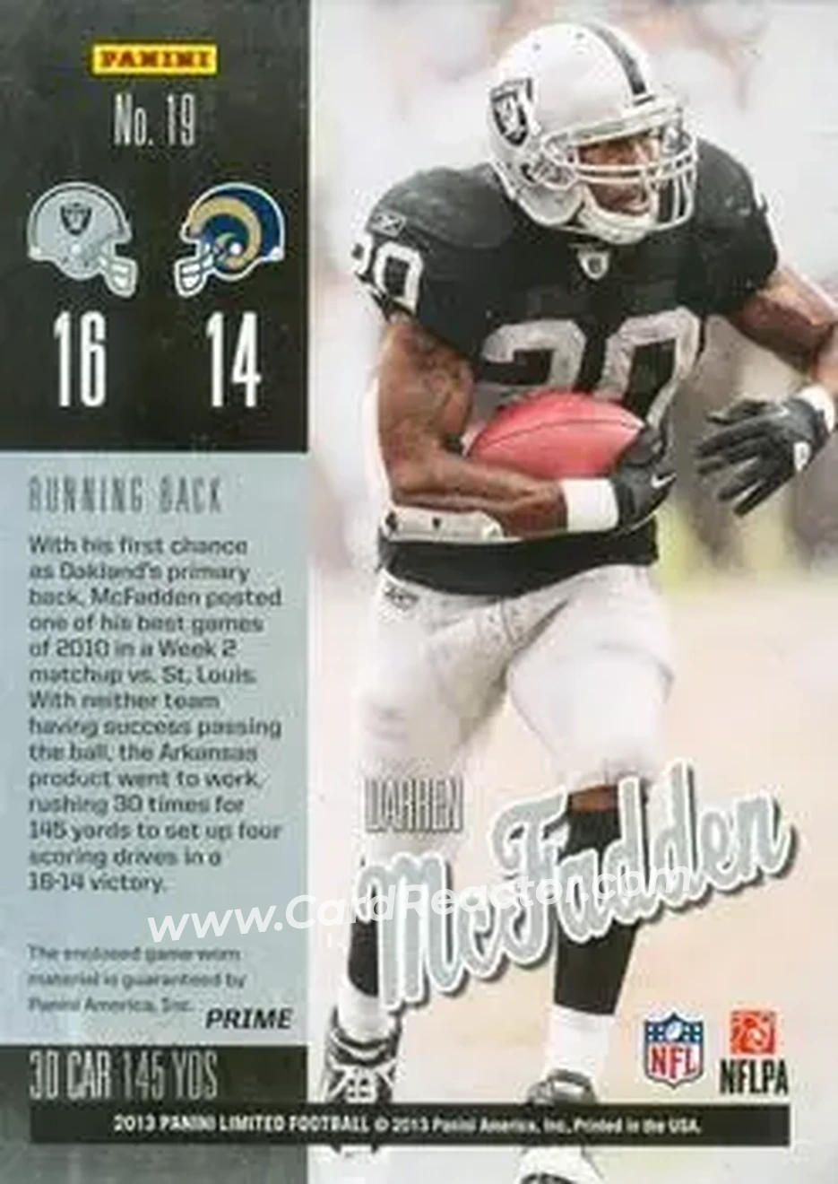 2013 Panini Limited - Game Day Materials Prime #19 - Darren McFadden - Oakland Raiders - Back 2013 Panini Limited - Game Day Materials Prime #19 - Darren McFadden - Oakland Raiders - Back