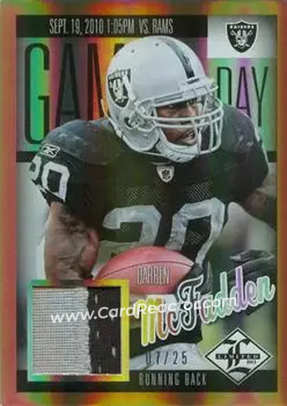 2013 Panini Limited - Game Day Materials Prime #19 - Darren McFadden - Oakland Raiders - Front 2013 Panini Limited - Game Day Materials Prime #19 - Darren McFadden - Oakland Raiders - Front