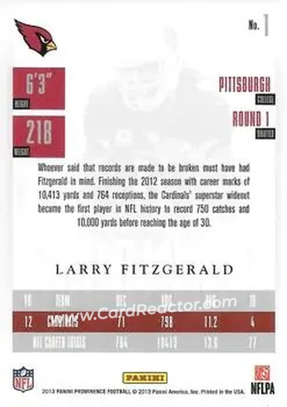 2013 Panini Prominence #1 - Larry Fitzgerald - Arizona Cardinals - Back