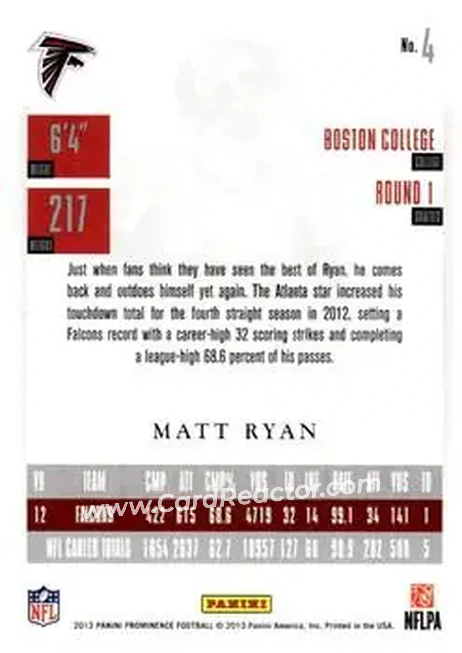 2013 Panini Prominence #4 - Matt Ryan - Atlanta Falcons - Back 2013 Panini Prominence #4 - Matt Ryan - Atlanta Falcons - Back