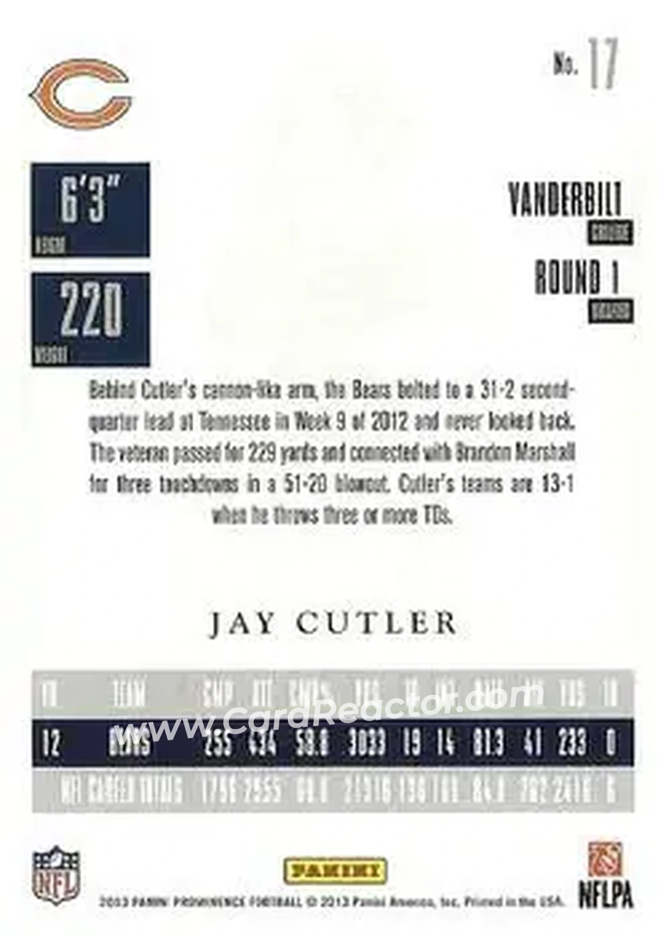 2013 Panini Prominence #17 - Jay Cutler - Chicago Bears - Back