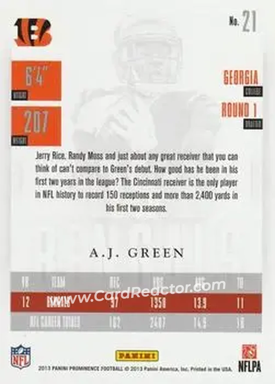 2013 Panini Prominence #21 - A.J. Green - Cincinnati Bengals - Back