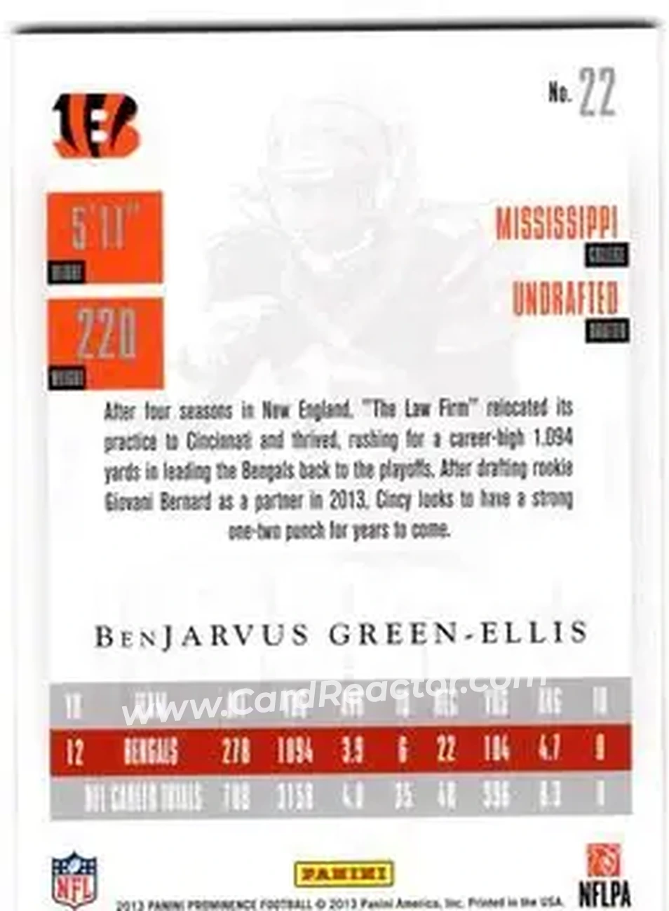 2013 Panini Prominence #22 - BenJarvus Green-Ellis - Cincinnati Bengals - Back