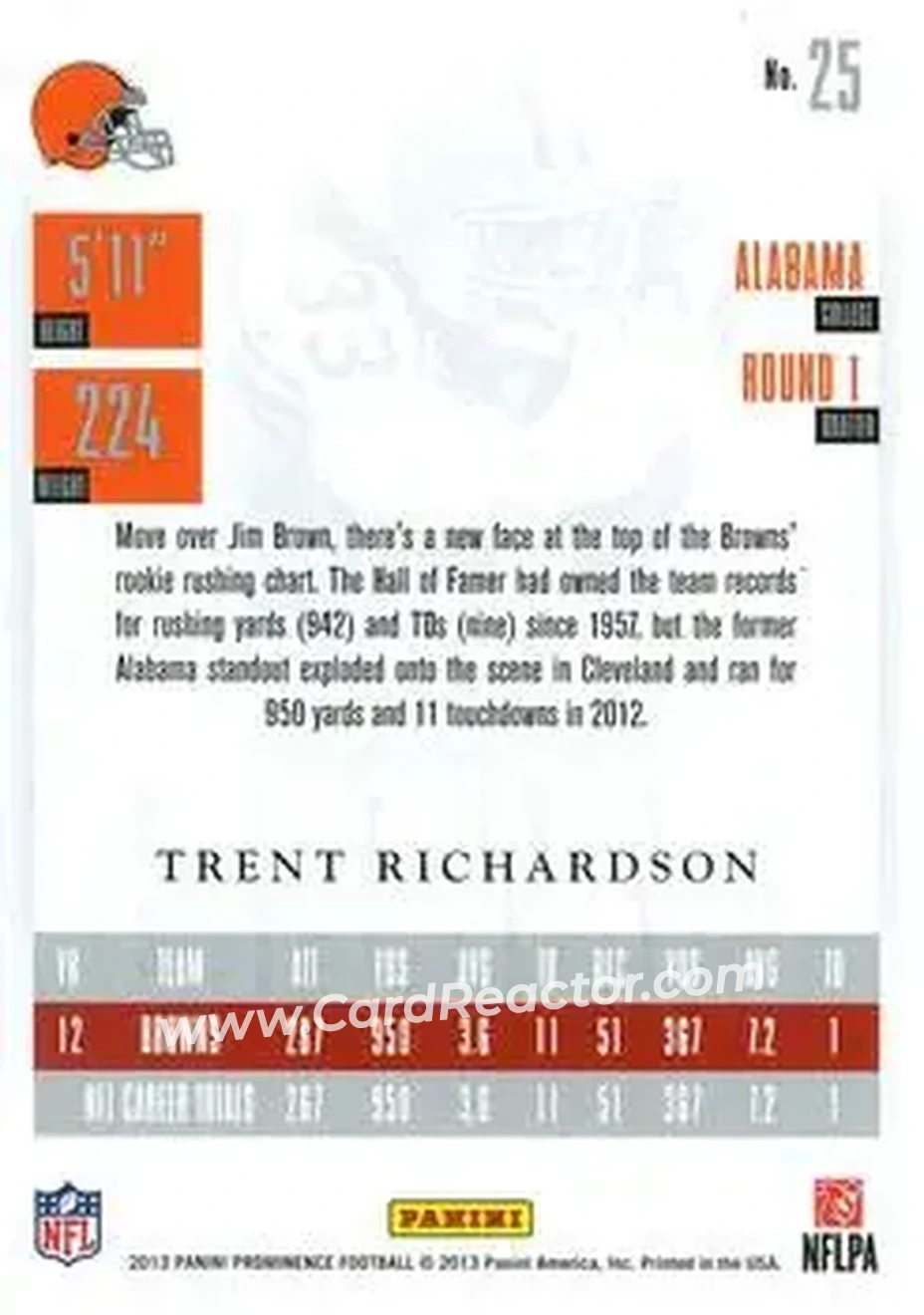 2013 Panini Prominence #25 - Trent Richardson - Cleveland Browns - Back