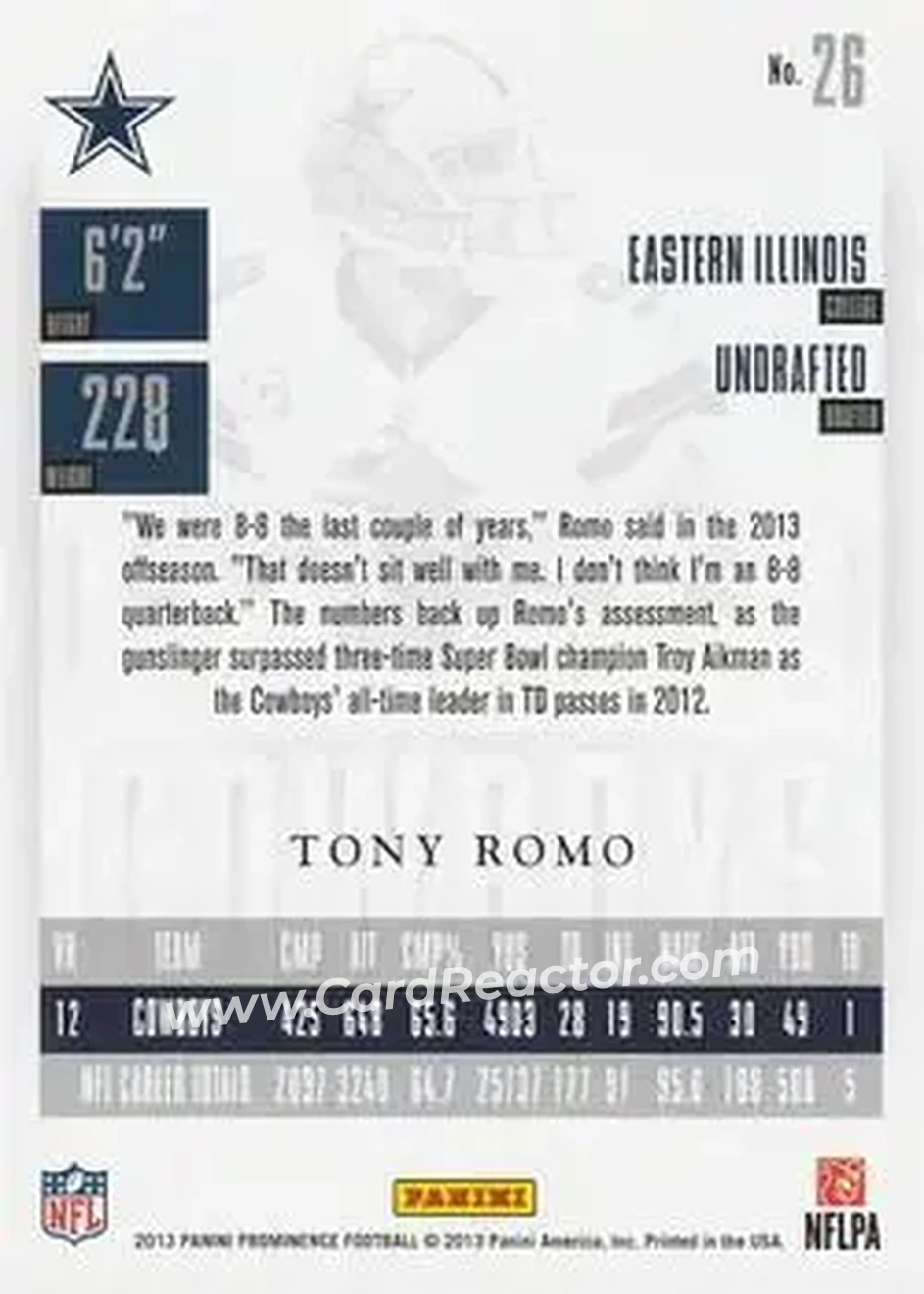 2013 Panini Prominence #26 - Tony Romo - Dallas Cowboys - Back
