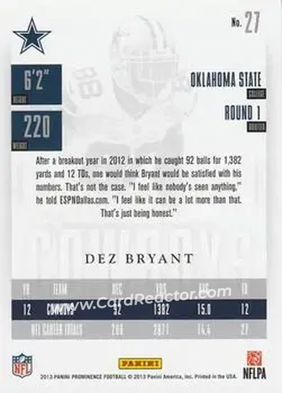 2013 Panini Prominence #27 - Dez Bryant - Dallas Cowboys - Back