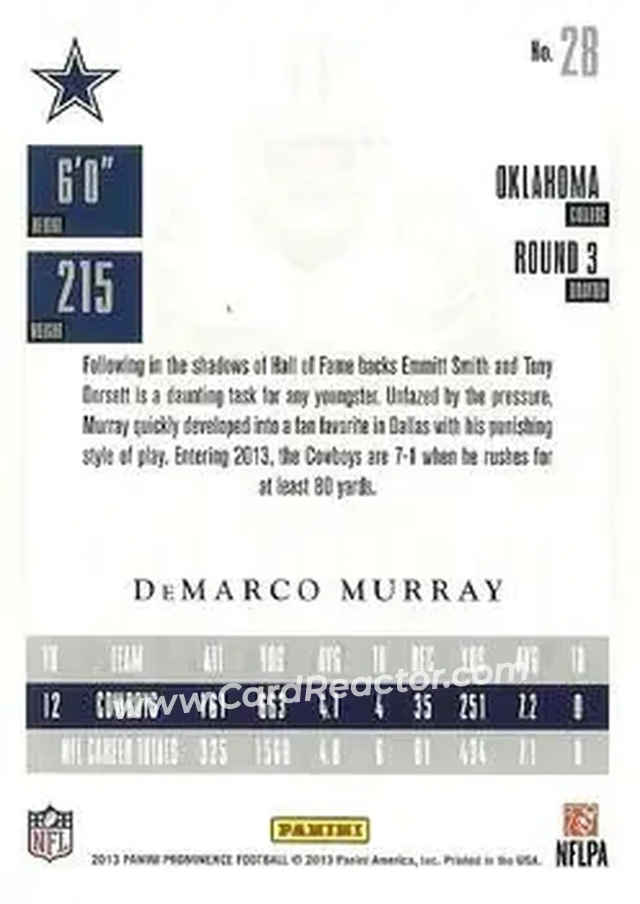 2013 Panini Prominence #28 - DeMarco Murray - Dallas Cowboys - Back