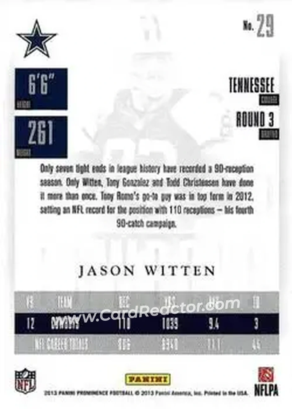 2013 Panini Prominence #29 - Jason Witten - Dallas Cowboys - Back