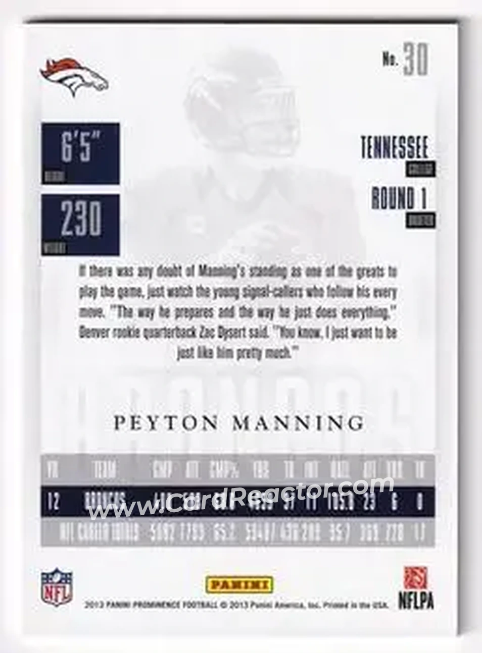 2013 Panini Prominence #30 - Peyton Manning - Denver Broncos - Back