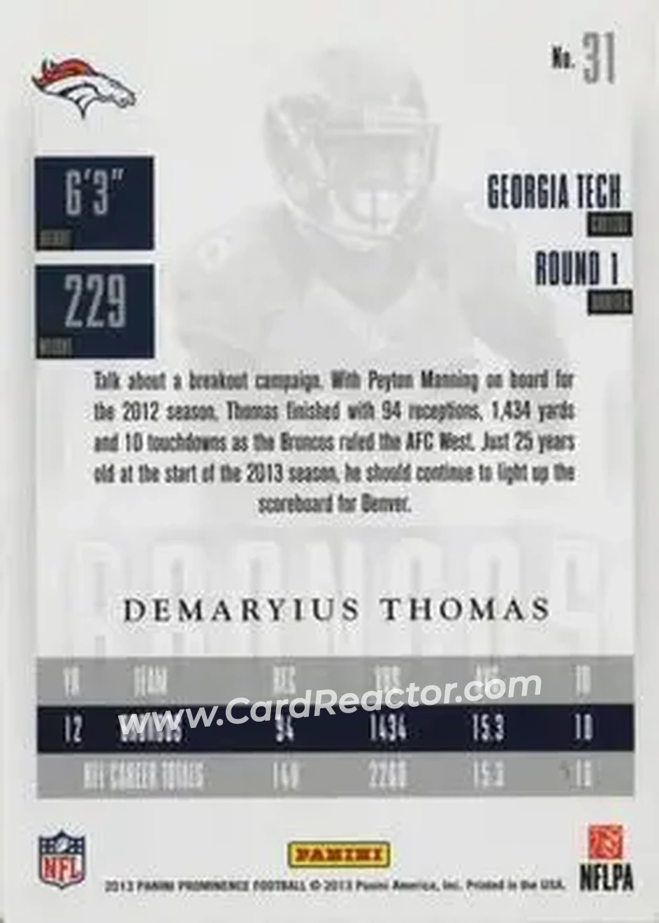 2013 Panini Prominence #31 - Demaryius Thomas - Denver Broncos - Back
