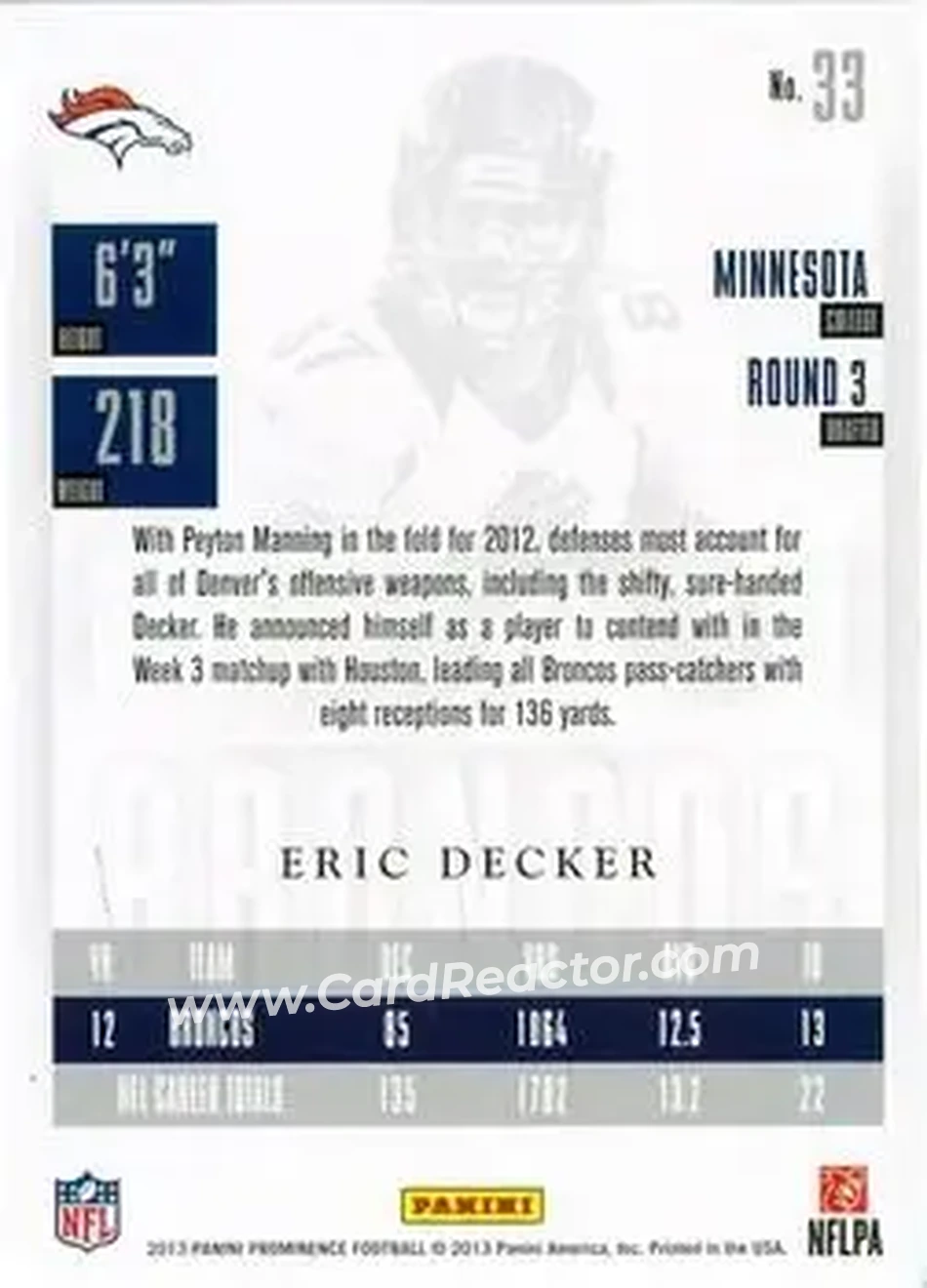 2013 Panini Prominence #33 - Eric Decker - Denver Broncos - Back