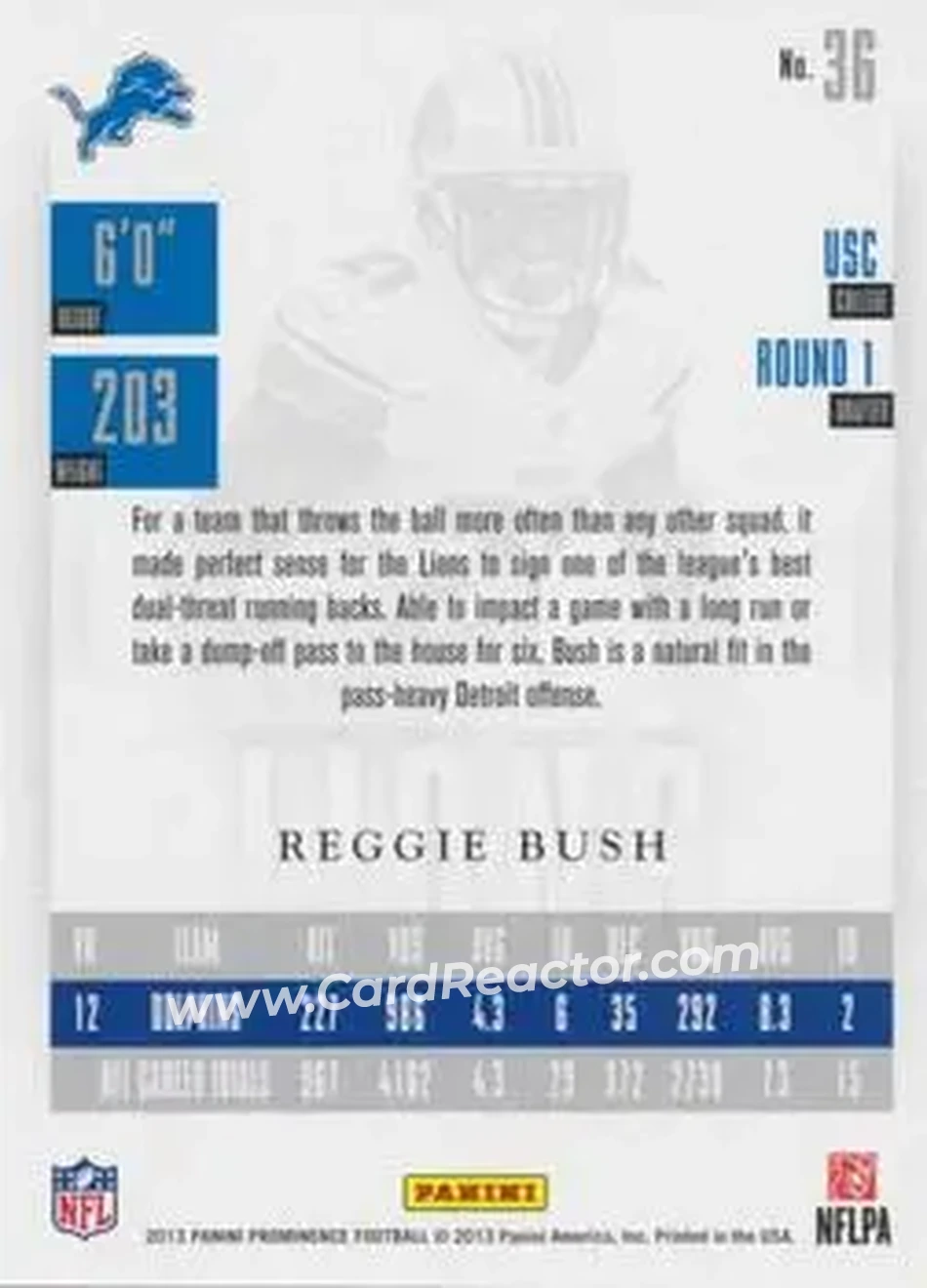 2013 Panini Prominence #36 - Reggie Bush - Detroit Lions - Back