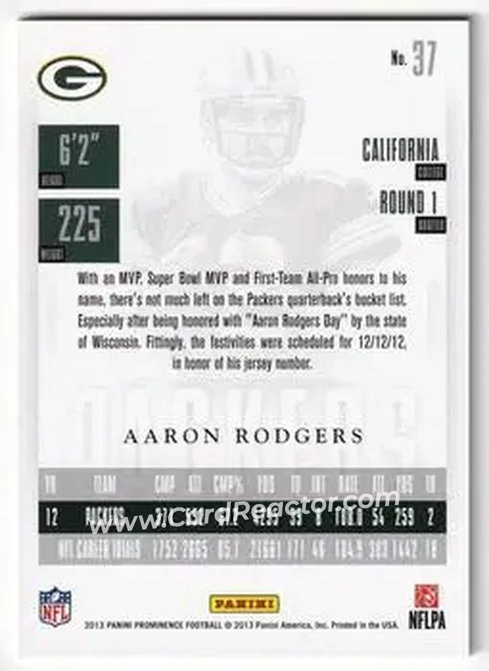2013 Panini Prominence #37 - Aaron Rodgers - Green Bay Packers - Back