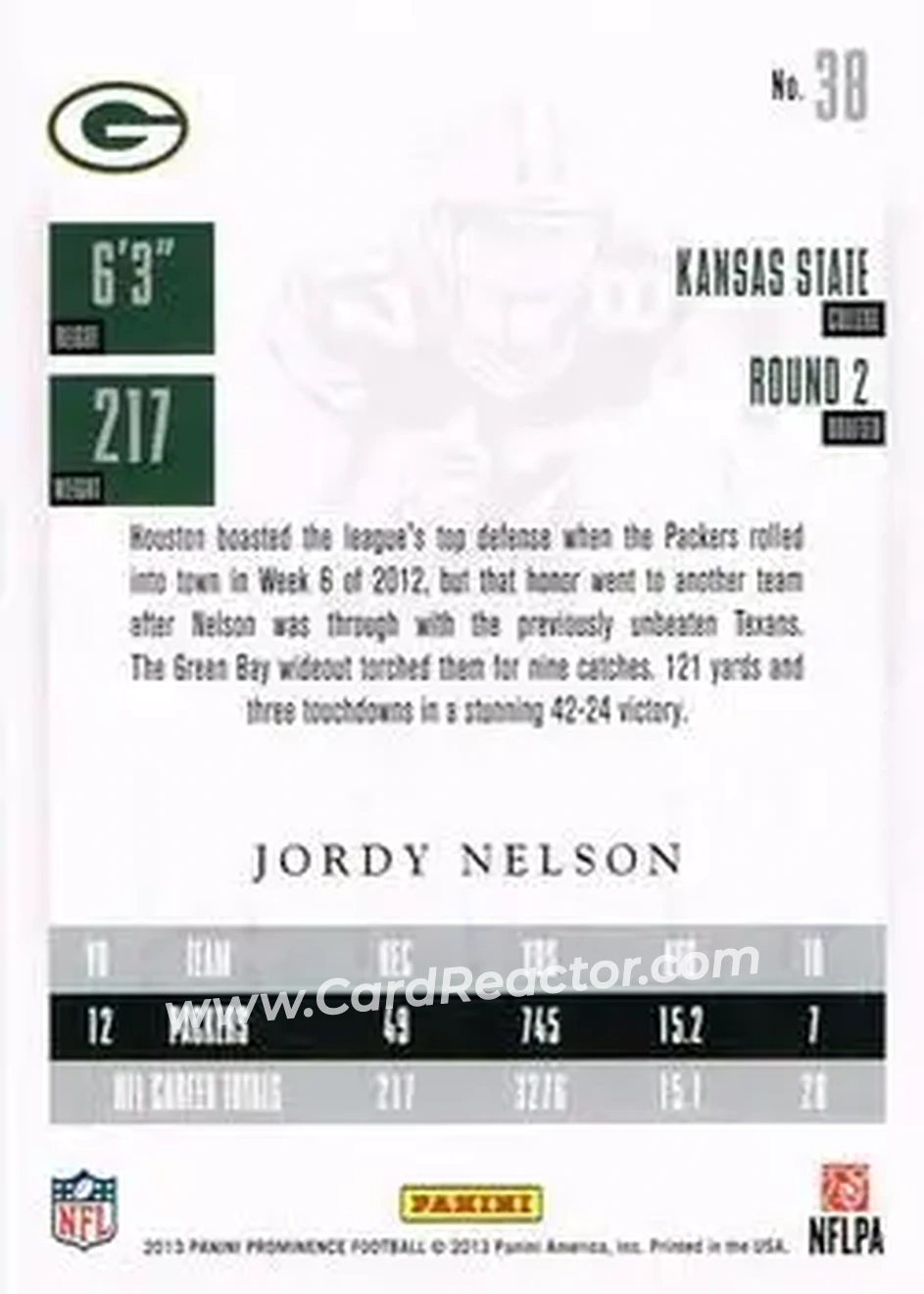 2013 Panini Prominence #38 - Jordy Nelson - Green Bay Packers - Back