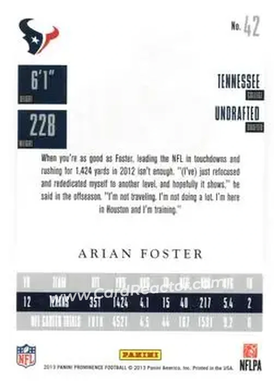 2013 Panini Prominence #42 - Arian Foster - Houston Texans - Back 2013 Panini Prominence #42 - Arian Foster - Houston Texans - Back