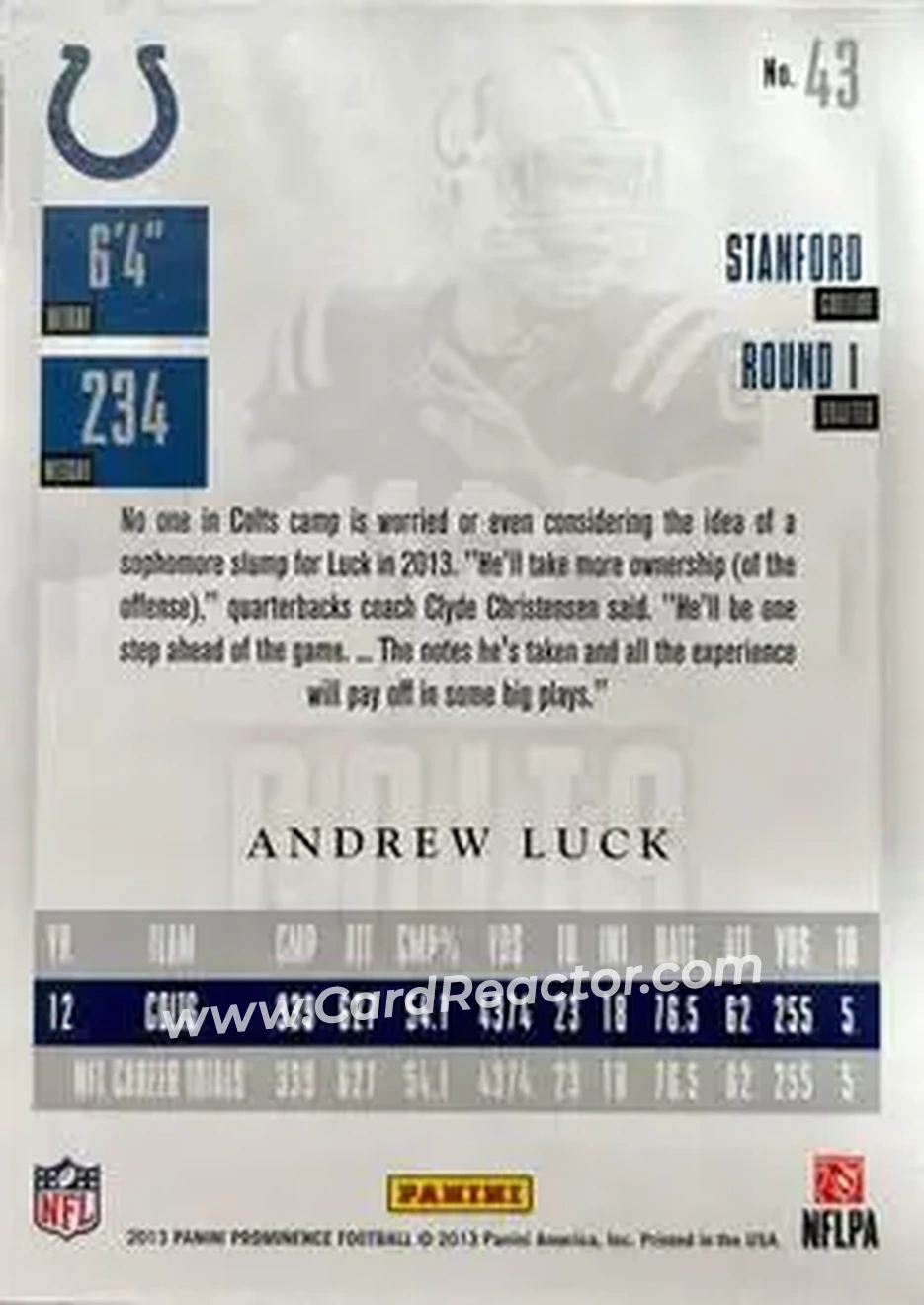 2013 Panini Prominence #43 - Andrew Luck - Indianapolis Colts - Back