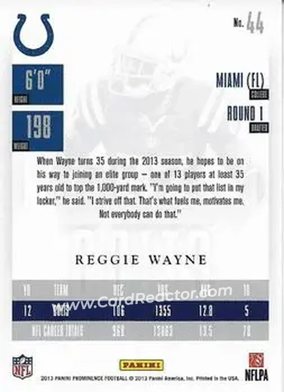 2013 Panini Prominence #44 - Reggie Wayne - Indianapolis Colts - Back