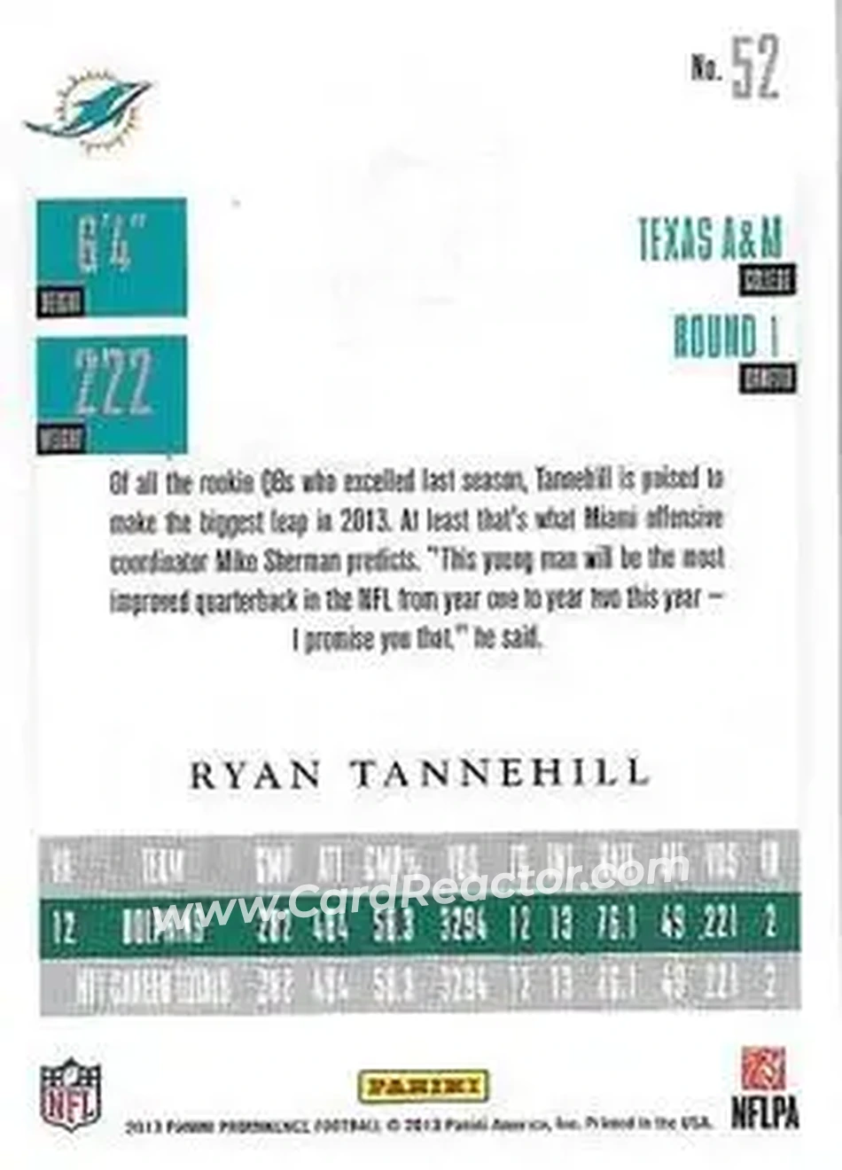 2013 Panini Prominence #52 - Ryan Tannehill - Miami Dolphins - Back