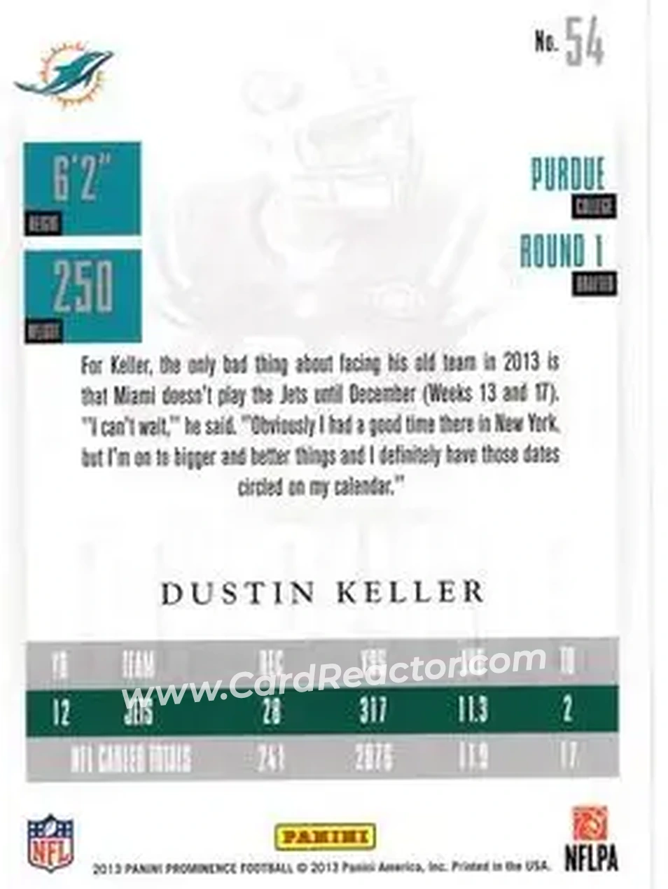 2013 Panini Prominence #54 - Dustin Keller - Miami Dolphins - Back