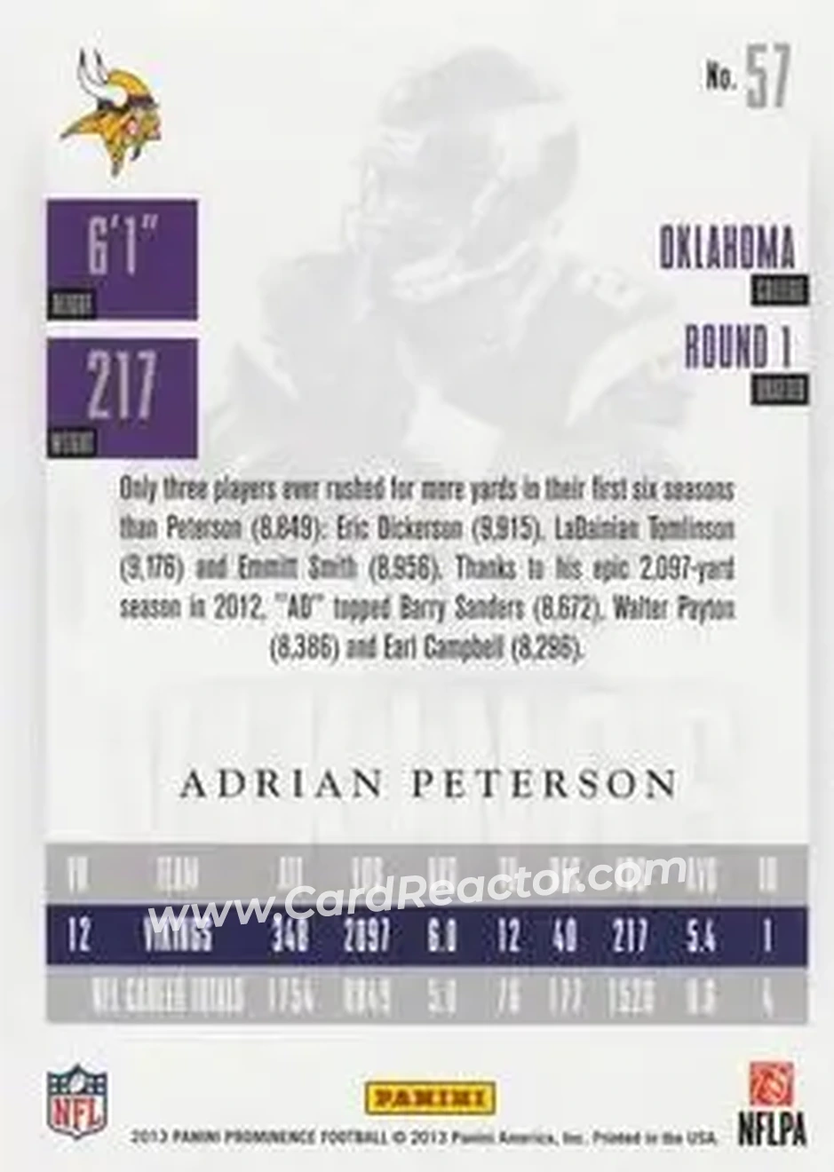 2013 Panini Prominence #57 - Adrian Peterson - Minnesota Vikings - Back