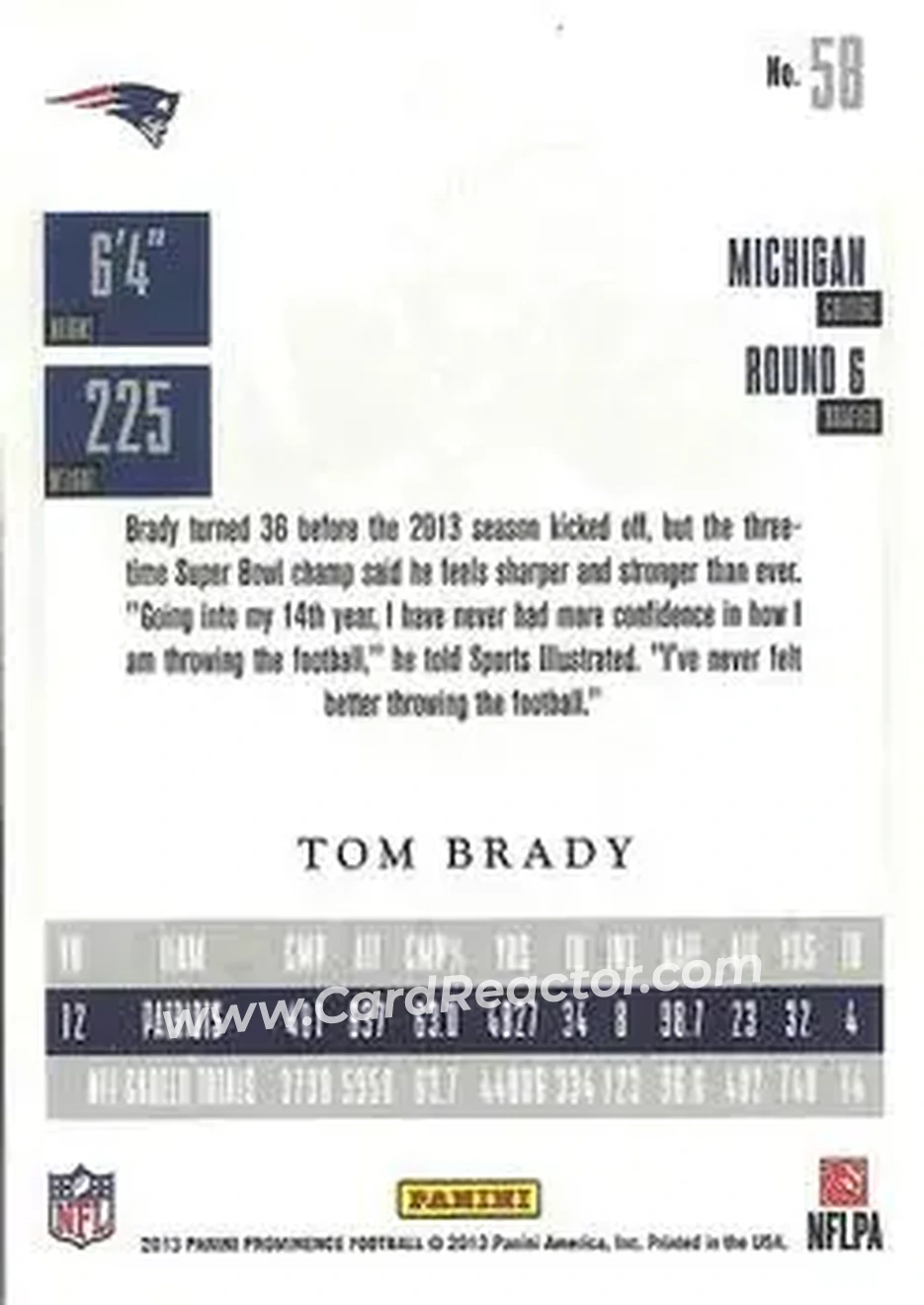 2013 Panini Prominence #58 - Tom Brady - New England Patriots - Back 2013 Panini Prominence #58 - Tom Brady - New England Patriots - Back