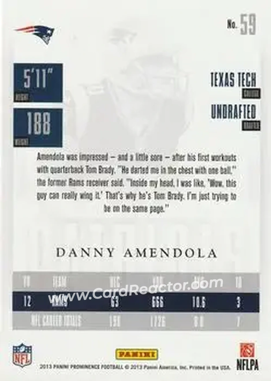 2013 Panini Prominence #59 - Danny Amendola - New England Patriots - Back