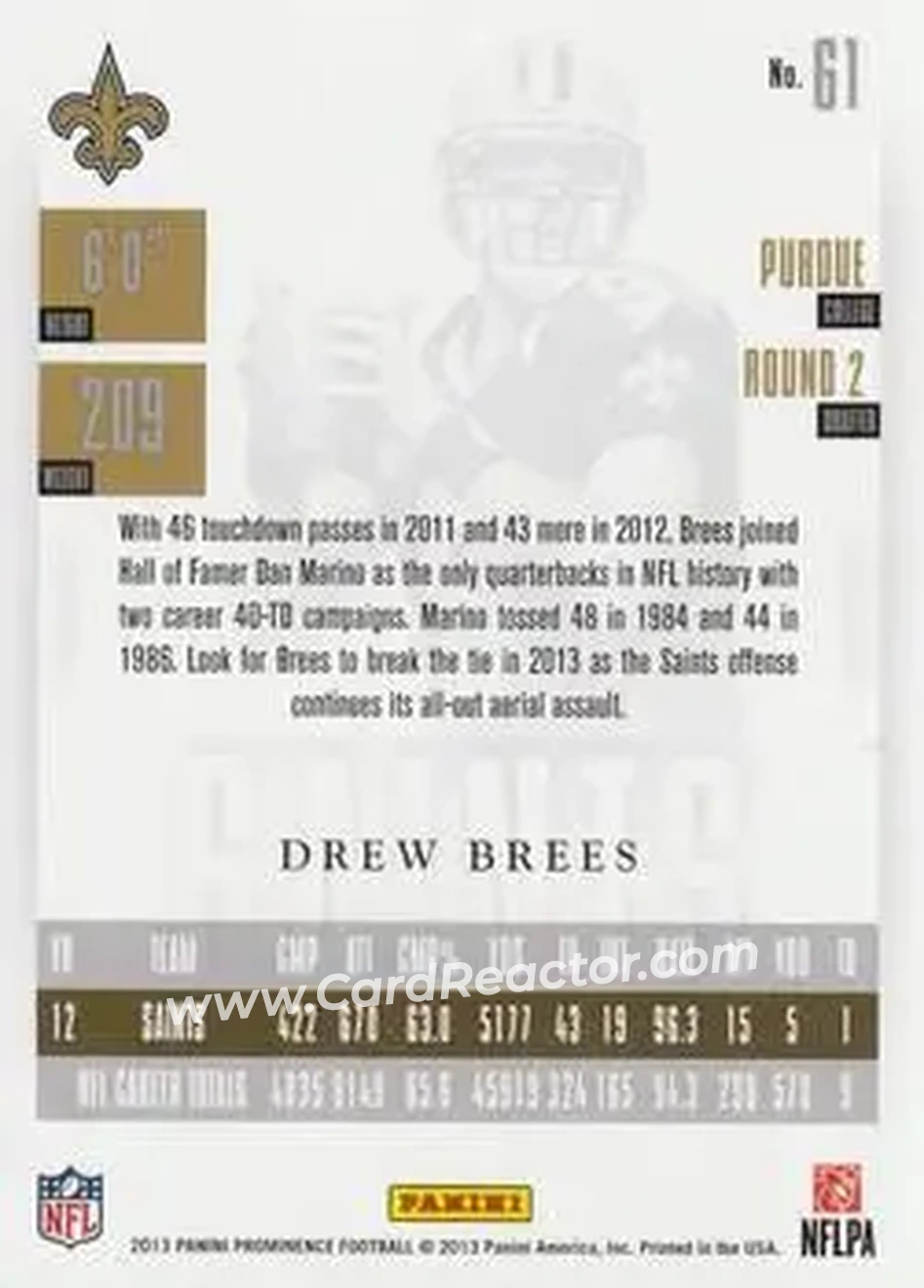 2013 Panini Prominence #61 - Drew Brees - New Orleans Saints - Back 2013 Panini Prominence #61 - Drew Brees - New Orleans Saints - Back