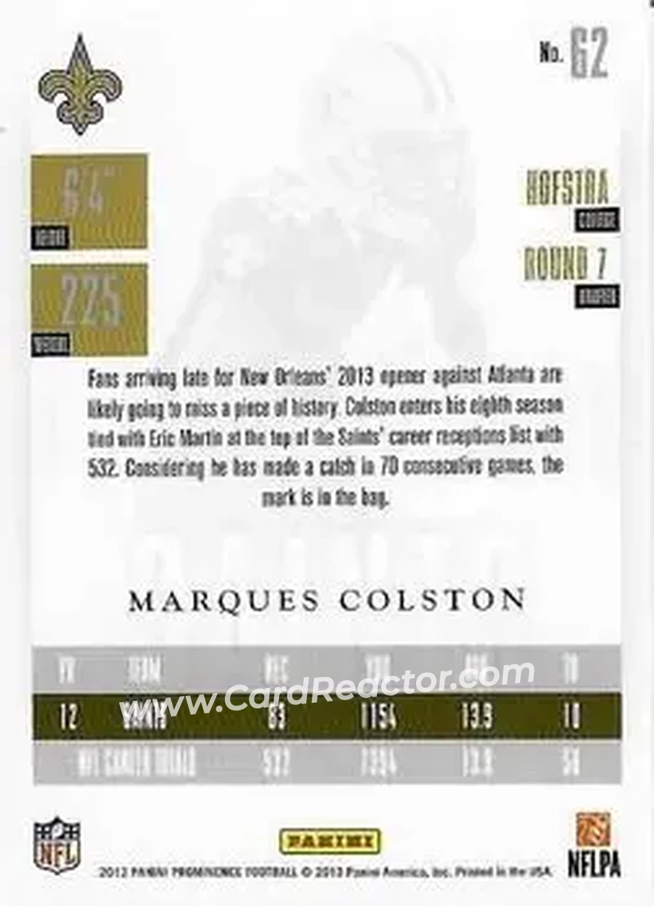 2013 Panini Prominence #62 - Marques Colston - New Orleans Saints - Back